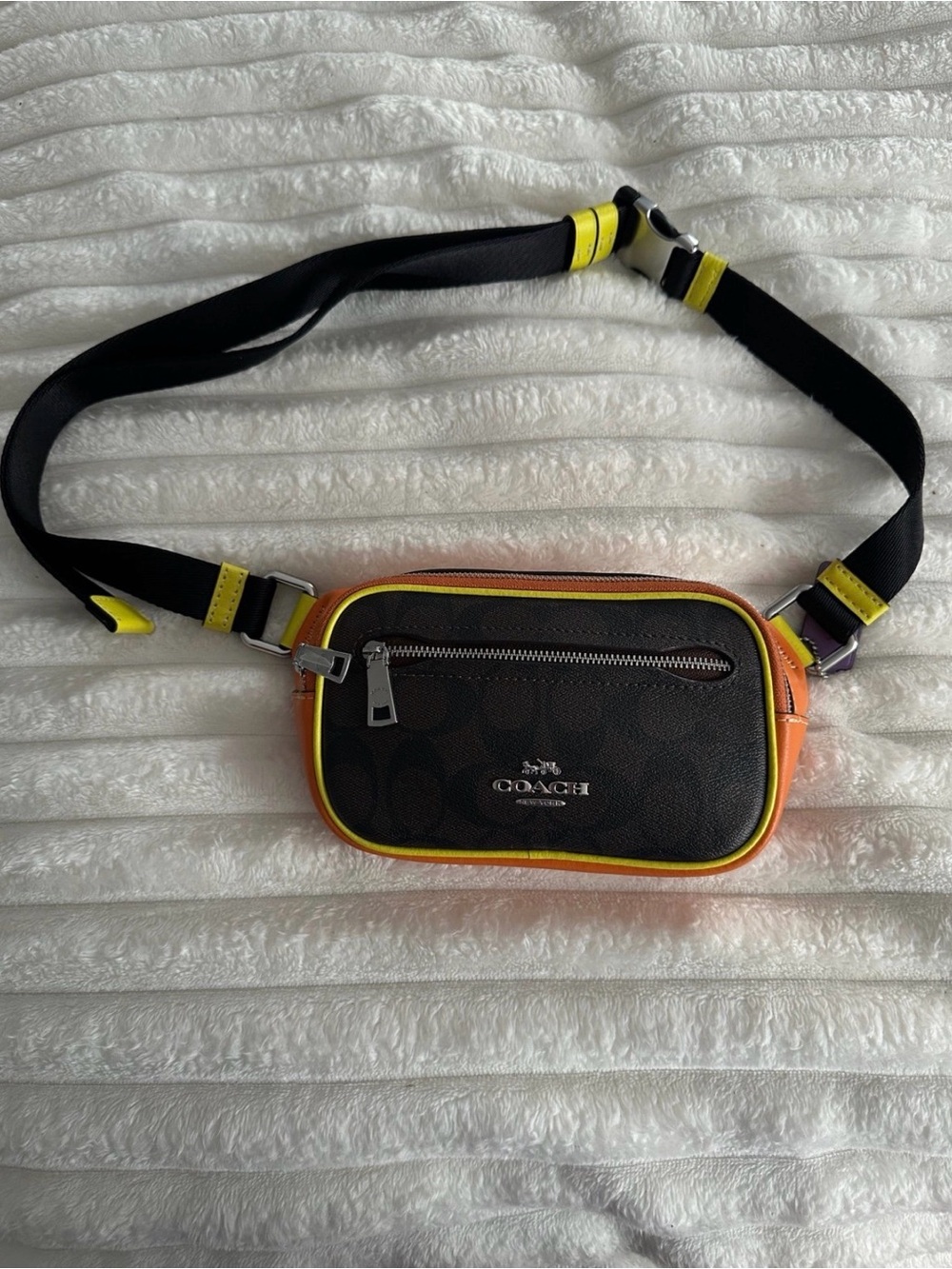 Coach Signature Canvas Belt Bag in Brown with Yellow Trim multiple colors